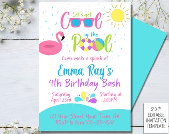 Editable Poole Party Invitation, Girly Pool Party Invitation, Pool Birthday Party, Summer Swimming Pool Party Instant Download