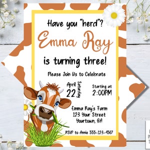 Girls Cow Birthday Invitation: Farm Party Invite (Digital File)