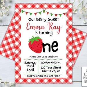 EDITABLE Strawberry First Birthday Invitation,  Berry First Birthday Invite, Berry Sweet Birthday, Strawberry Invitation