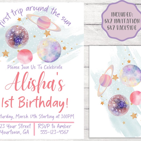 Editable First Trip Around The Sun Birthday Invitation, Galaxy and Planets Party Theme, Pastel Galaxy Birthday Invitation for Girls