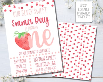 Berry First Birthday Invitation Template Strawberry 1st - Etsy