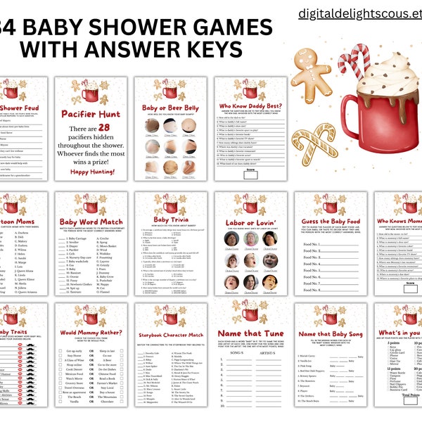 Christmas Baby Shower Games Cocoa and Cookies Holiday Party Hot Chocolate Bar Sip and See Fun Printable Baby Sprinkle Games DDBA072