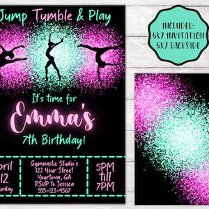 Jump Tumble & Play Gymnastics Birthday Party Invitation Editable Template, Girls Rainbow Gymnastics Theme Birthday Invite Instant Download