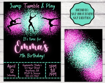 Jump Tumble & Play Gymnastics Birthday Party Invitation Editable Template, Girls Rainbow Gymnastics Theme Birthday Invite Instant Download