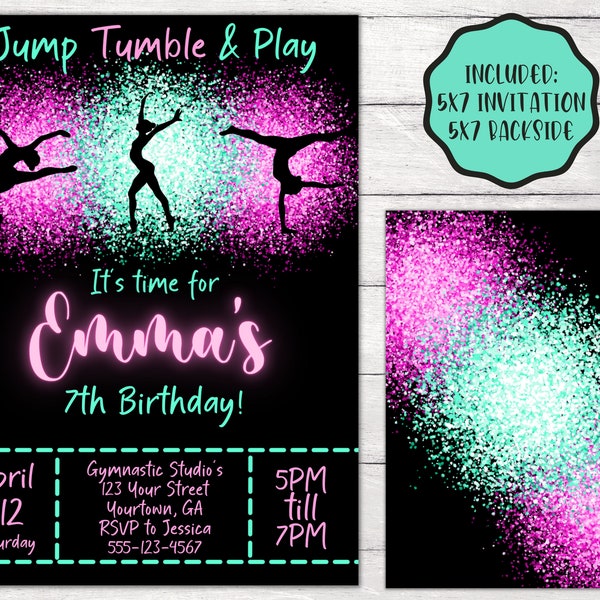 Jump Tumble & Play Gymnastics Birthday Party Invitation Editable Template, Girls Rainbow Gymnastics Theme Birthday Invite Instant Download