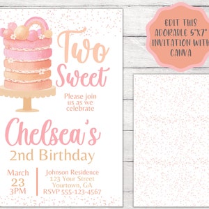 EDITABLE Two Sweet Birthday Invitation, 2nd Birthday Invitation, Candy and Cake Birthday Party, Sweets Birthday Party Theme