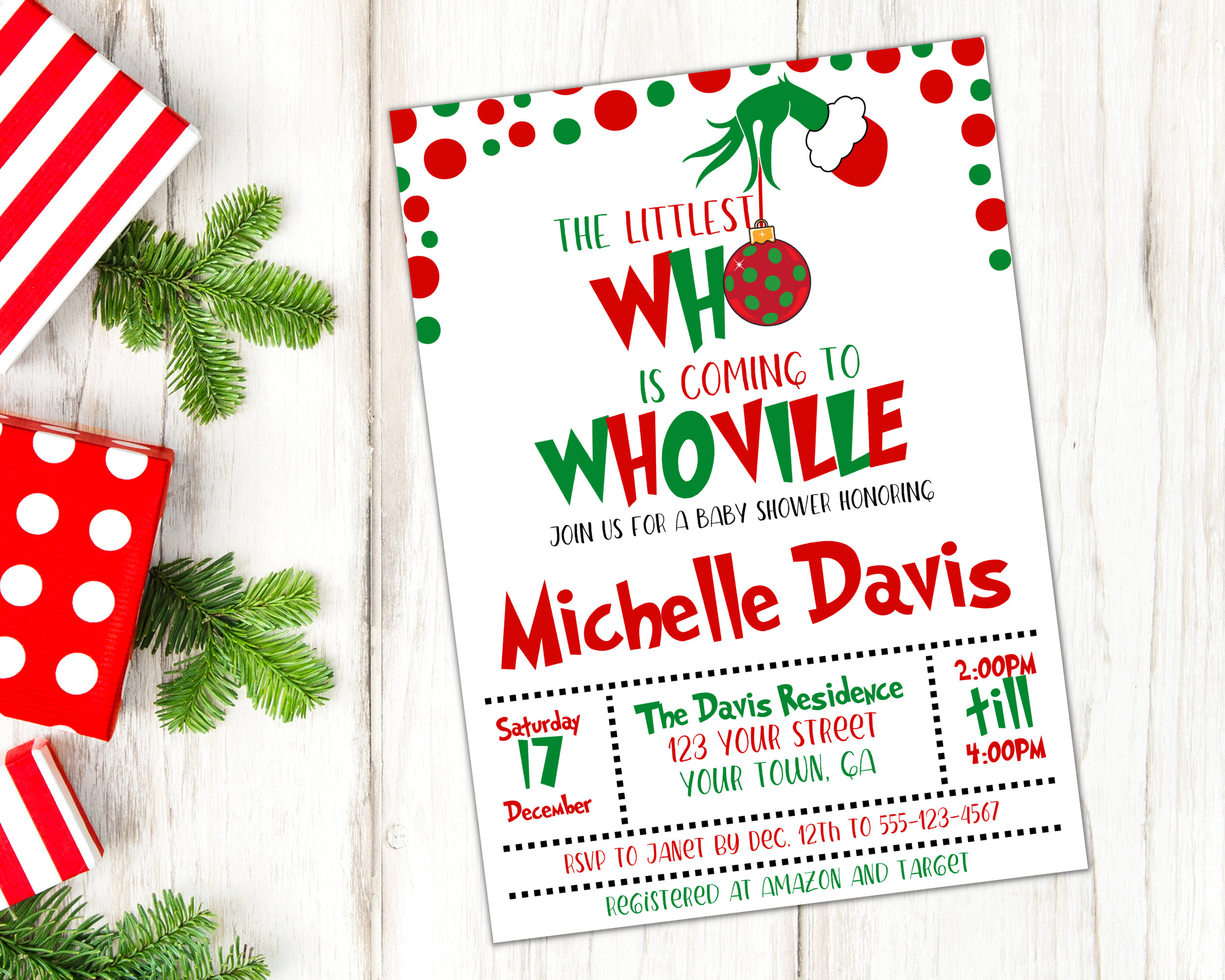 Grinch Baby Shower Invitation, Whoville Baby Shower Invite, Christmas Movie Baby Shower, Fun Holiday Baby Shower, DDBA015