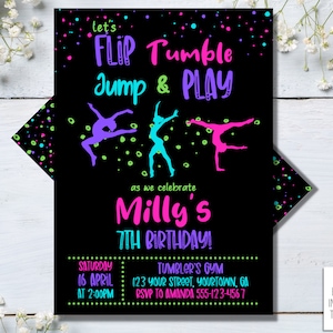 Jump Tumble & Play Gymnastics Birthday Party Invitation, Editable Template, Girls Rainbow Gymnastics Theme Birthday Invite, Instant Download