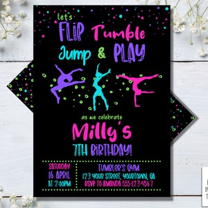 Jump Tumble & Play Birthday Invitations - 20 Count Gymnastics Theme With Neon Pink Foil
