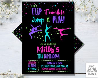 Jump Tumble & Play Gymnastics Birthday Party Invitation, Editable Template, Girls Rainbow Gymnastics Theme Birthday Invite, Instant Download