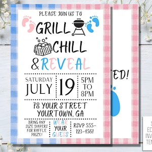 BBQ 性別発表会招待状、クックアウト性別発表会、ベビー BBQ 招待状、男女混合ベビーシャワー、クックアウト ベビーシャワー、ベビー Q 招待状