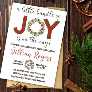 Bundle of Joy Christmas Baby Shower Invite X-Mas Baby Sprinkle Baby Brunch Invitation Holiday Sip and See