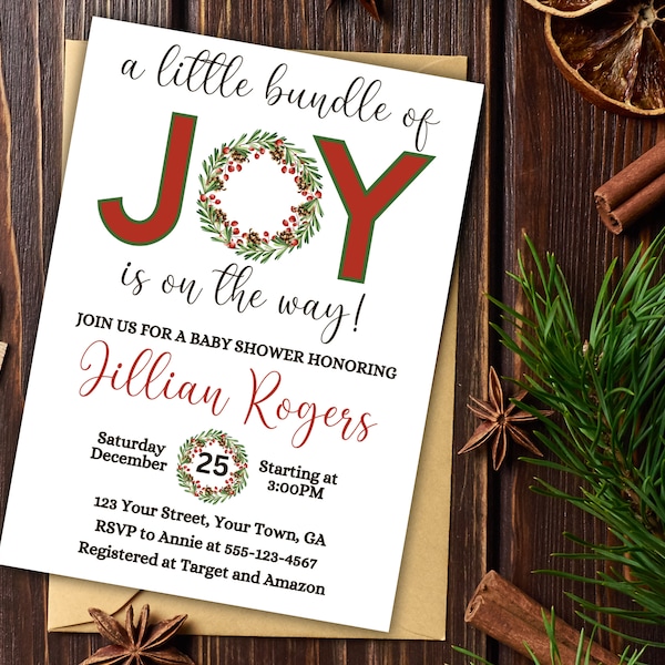 Bundle of Joy Christmas Baby Shower Invite X-Mas Baby Sprinkle Baby Brunch Invitation Holiday Sip and See