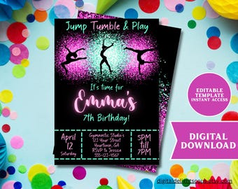 Rainbow Gymnastics Birthday Invitation | Editable Jump Tumble Party Invite