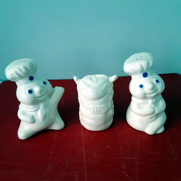 Vintage 1997 Pillsbury Dough Boy & Girl + Flour Sack Ceramic Salt Pepper Shaker