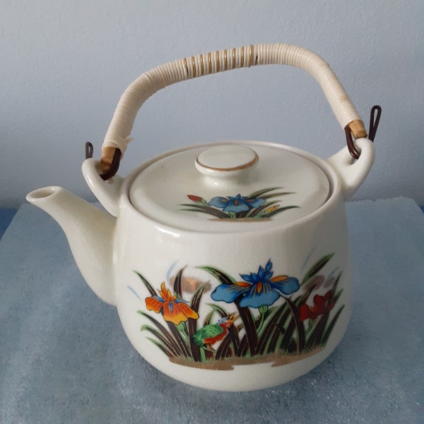 Vintage Japanese Kutani Porcelain Tea Pot, Bamboo Handle, Featuring Vibrant Floral Design