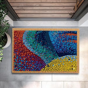 May include: Rectangular doormat with a colorful mosaic design. The mosaic features a blend of red, orange, blue, green, and yellow squares, creating an abstract pattern. The mat has a natural fiber border and is placed in a doorway.