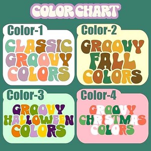 Op de afbeelding: Kleurenkaart met vier verschillende kleurenpaletten met de labels "Klassieke Groovy Kleuren", "Groovy Herfstkleuren", "Groovy Halloween Kleuren" en "Groovy Kerstkleuren".
