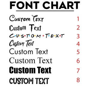 May include: A white background displays a font chart with the title "FONT CHART" in bold black letters. Below, various font styles are shown with the text "Custom Text" in different designs, each numbered from 1 to 8 in red.