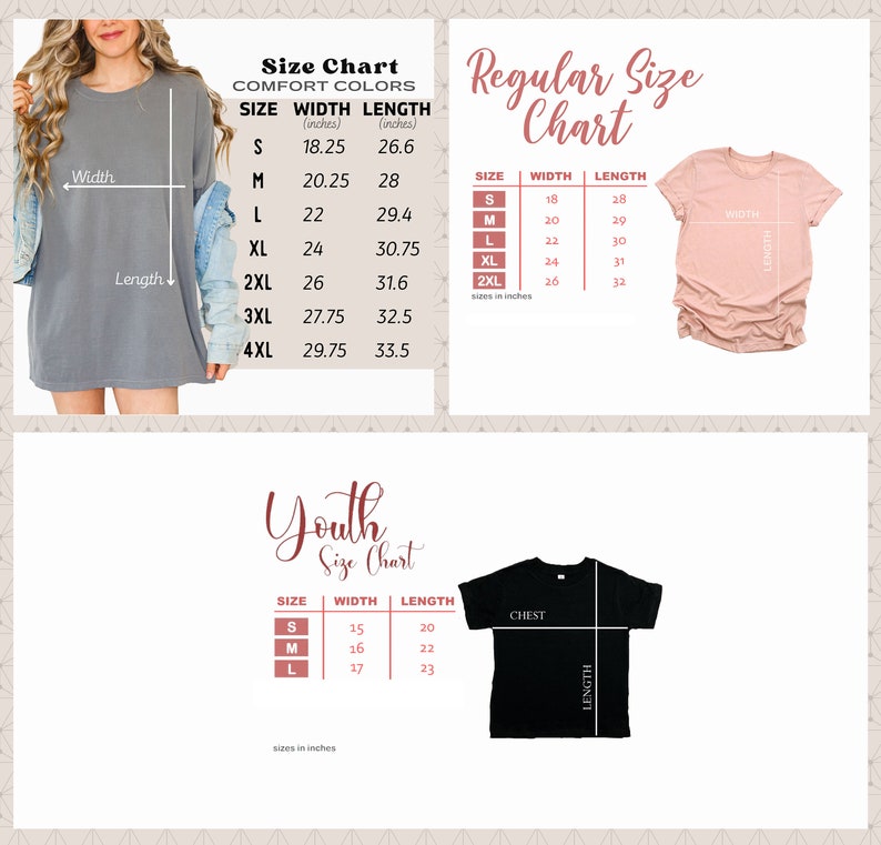 May include: Size charts for Comfort Colors, Regular, and Youth sizes. The Comfort Colors chart lists sizes S-4XL with width and length in inches. The Regular chart lists sizes S-2XL. The Youth chart lists sizes S-L, with width and length in inches.