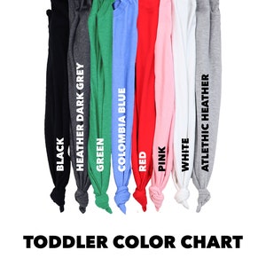 May include: Colour chart for toddler clothing showing the available colours: black, heather dark grey, green, columbia blue, red, pink, white, and athletic heather.