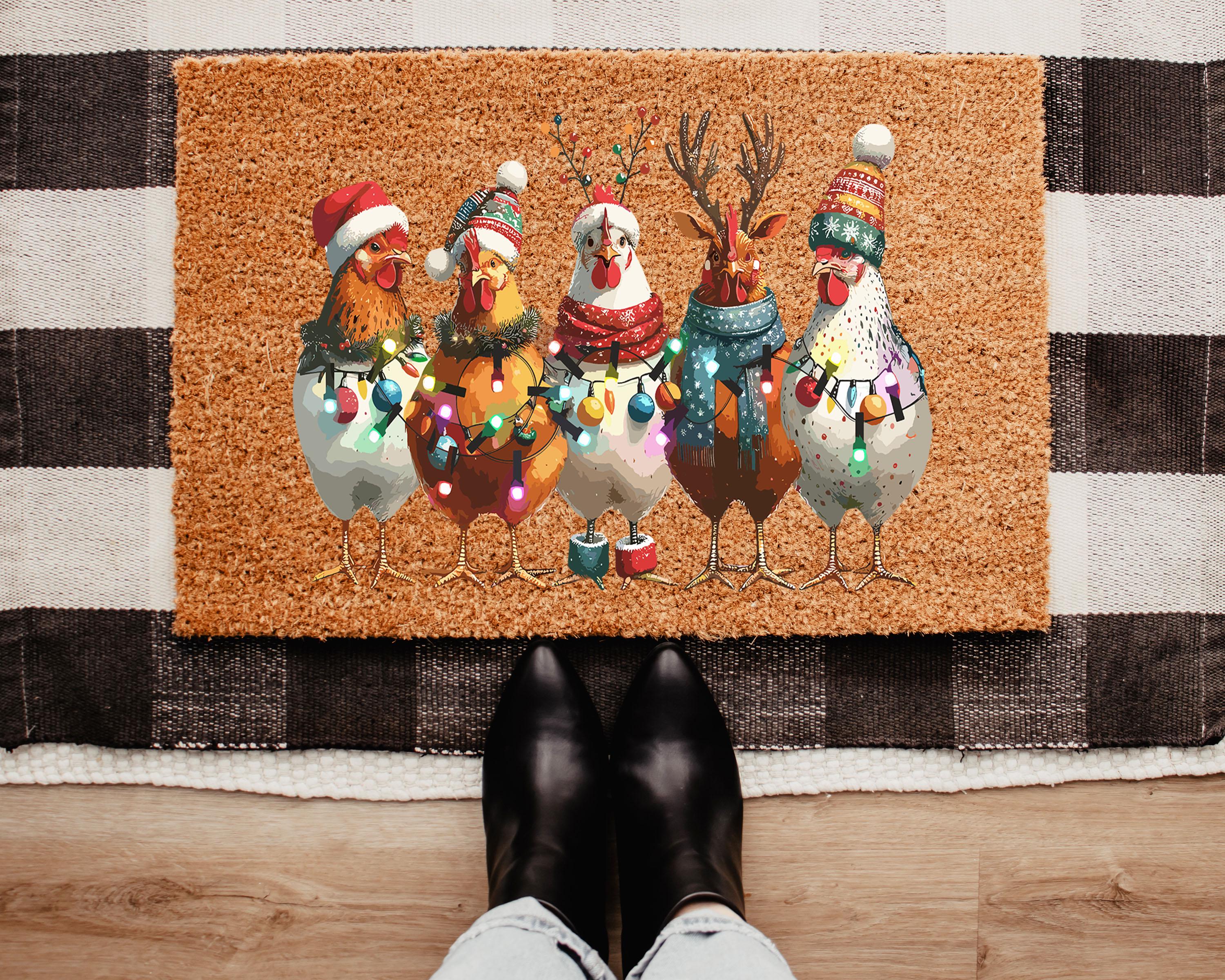37 Inviting Christmas Front Porch Decor Ideas to Welcome Guests: Festive Ways to Wow Your Neighbors 3 Christmas Chicken Doormat - Farm Animals Welcome Mat - Christmas…