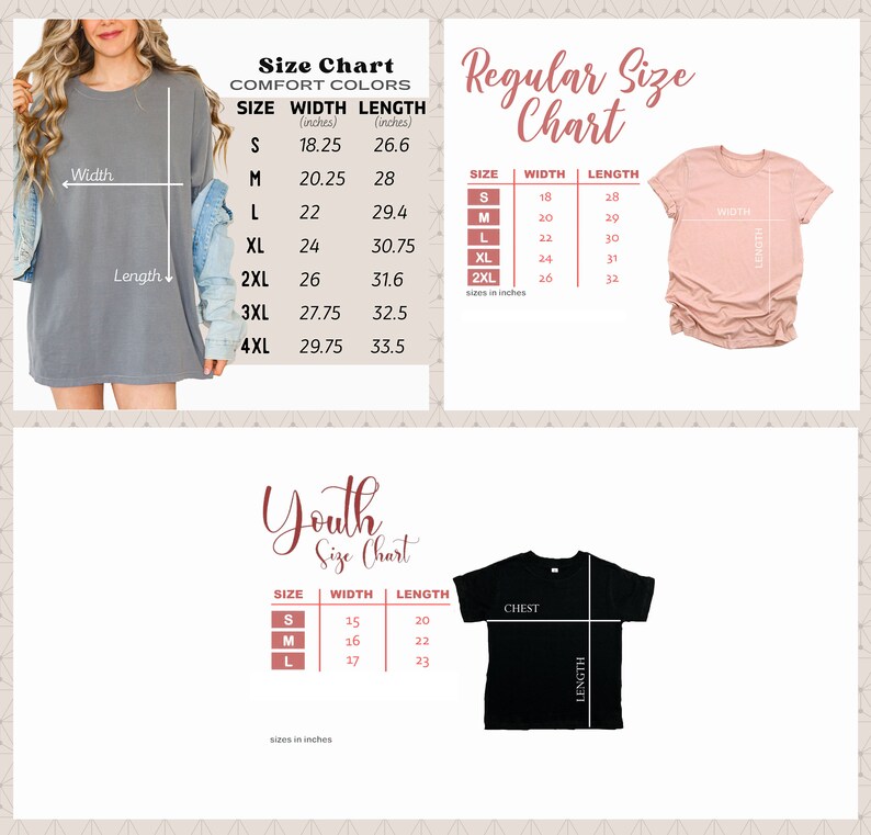May include: Size charts for Comfort Colors, Regular, and Youth sizes. The Comfort Colors chart includes sizes S-4XL, the Regular chart includes sizes S-2XL, and the Youth chart includes sizes S-L. Measurements are in inches.