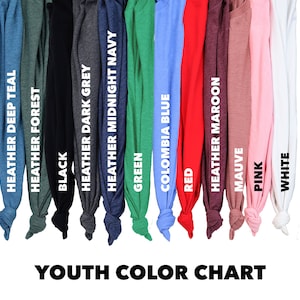 May include: Colour chart showing youth t-shirt colours. The colours are: Heather Deep Teal, Heather Forest, Black, Heather Dark Grey, Heather Midnight Navy, Green, Colombia Blue, Red, Heather Maroon, Mauve, Pink, and White.
