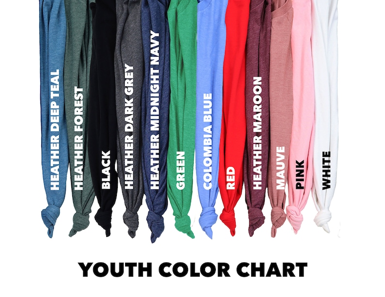 May include: Colour chart showing youth t-shirt colours. The colours are: Heather Deep Teal, Heather Forest, Black, Heather Dark Grey, Heather Midnight Navy, Green, Colombia Blue, Red, Heather Maroon, Mauve, Pink, and White.