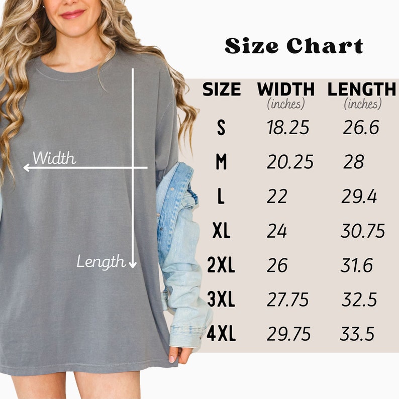 Op de afbeelding: Maattabel voor een shirt met lange mouwen, met breedte- en lengtemaat in inches voor maten S tot en met 4XL.