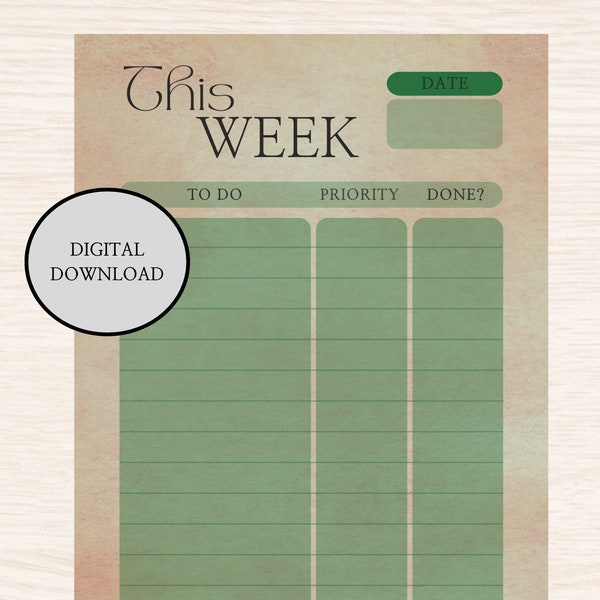Weekly To-Do-Liste, Aufgaben Liste Woche, grün, dunkel, ohne Datum, digital