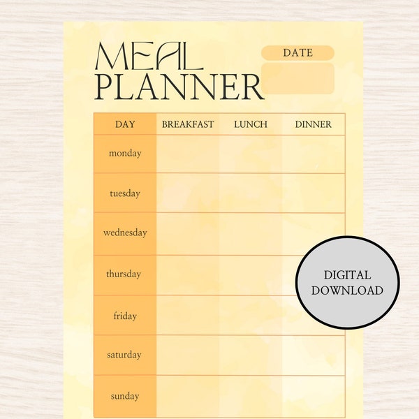 Meal Planner Weekly, Essensplan eine Woche, Menü Plan, Digital Planer, ohne Datum, gelb