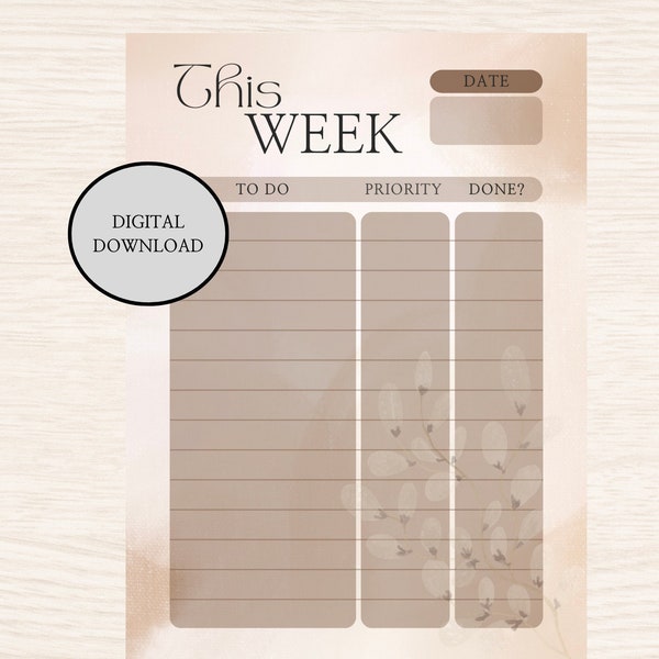 Weekly To-Do-Liste, Task List, Aufgaben Liste Woche, ohne Datum, beige mit Blume, Digitales Planen