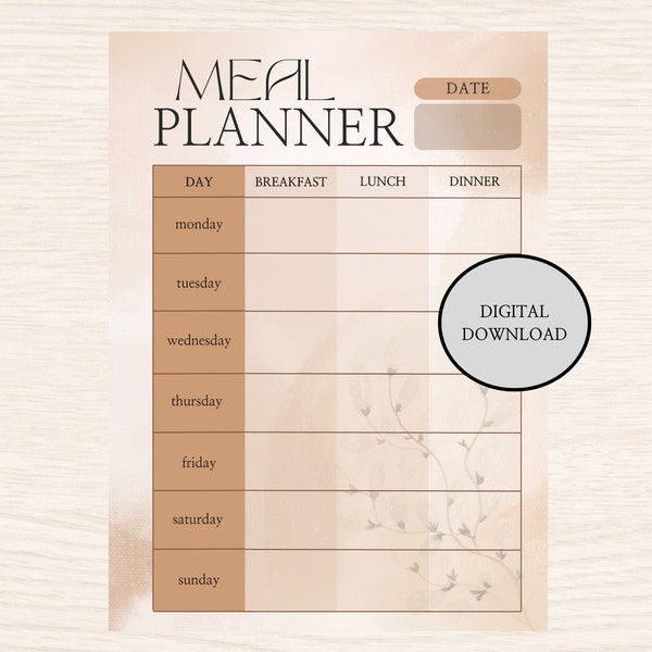 Meal Planner Weekly, Essensplaner eine Woche, Menüplan, Digital Planning, Beige, ohne Datum