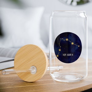Wassermann STERNZEICHEN Horoskop  Glas Becher mit Strohhalm und Bambusdeckel für Matcha, Tee oder Kaffee