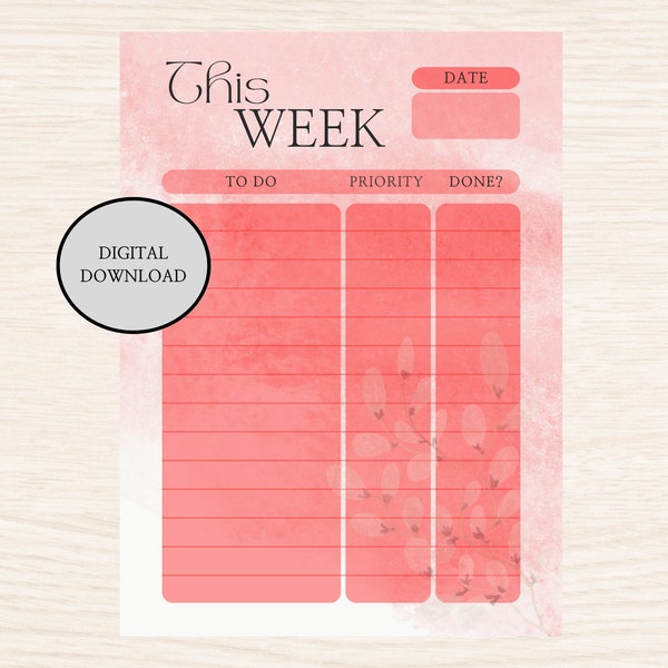 To-Do-Liste rot mit Blume, wöchentliche Aufgabenliste, Woche mit Priorisierung, digital todolist