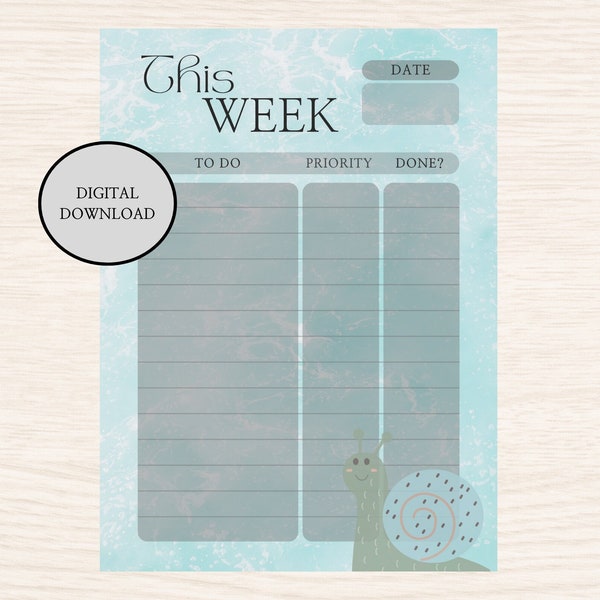 Weekly To-Do-Liste, Aufgaben Liste Woche, ohne Datum, Grafik Schnecke, Digital Planning, aquablau