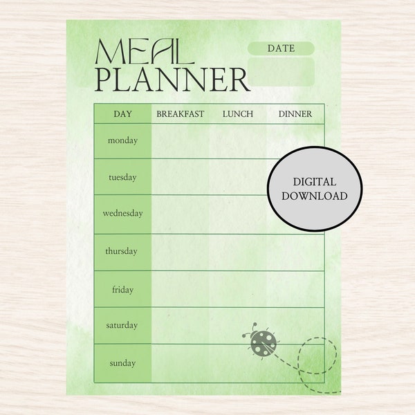 Meal Planner Weekly, Essensplan für eine Woche, Digital Planning, Marienkäfer, ohne Datum