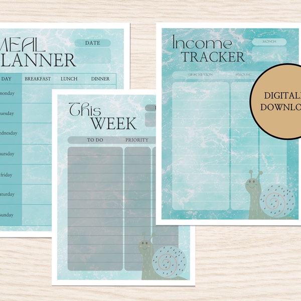 3er SET To-Do-Liste, Meal Planner, Income Tracker, Digital Planning, Finanzplan, organisieren, ohne Datum, blau aquarell Schnecke süß Comic