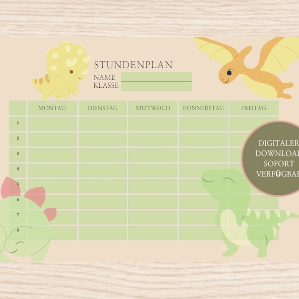 STUNDENPLAN DINOSAURIER, Download PDF, jpg, Schulplan, Unterrichtsplan für eine Woche, digital Download, ausdrucken, printable