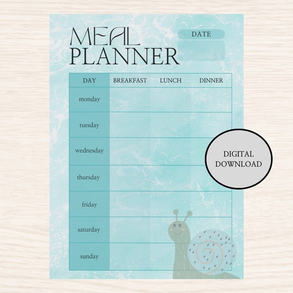 Meal Planner Weekly, Essensplan eine Woche, Planung Menü, Speiseplan, Digital, mit Schnecke, ohne Datum, aquablau