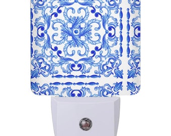 Azulejos Portuguese Tiles Print- LED Night Light Plug in / Light Sensor with Dusk to Dawn Sensor / Bedroom / Nursery / Hallway / Bathroom