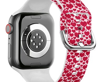 Silicone Apple Watch Band. Valentine Red Hearts Print - Sport Series Ultra 8, 7, 6, 5, 4, 3, 2, 1 and SE.  38 TO 49mm