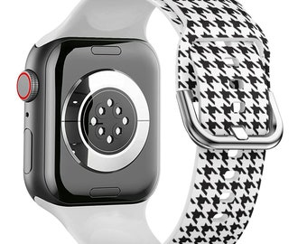Silicone Apple Watch Band. Houndstooth Black Print - Sport Series Ultra 8, 7, 6, 5, 4, 3, 2, 1 and SE.  38 TO 49mm
