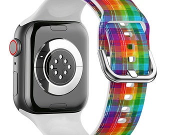 Silicone Apple Watch Band. Colorful Rainbow Plaid Pattern Print - Sport Series Ultra 8, 7, 6, 5, 4, 3, 2, 1 and SE.  38 TO 49mm