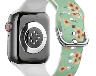 Silicone Apple Watch Band. Decorative Sunflower Green Leaves Print - Sport Series Ultra 8, 7, 6, 5, 4, 3, 2, 1 and SE.  38 TO 49mm