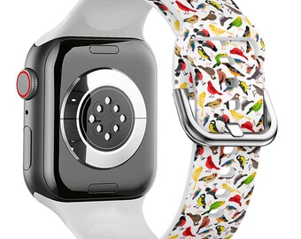 Silicone Apple Watch Band. Mix Birds Print - Sport Series Ultra 8, 7, 6, 5, 4, 3, 2, 1 and SE.  38 TO 49mm