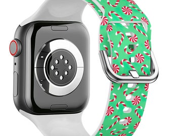 Silicone Apple Watch Band. Decorative Candy Cane Christmas Print - Sport Series Ultra 8, 7, 6, 5, 4, 3, 2, 1 and SE.  38 TO 49mm