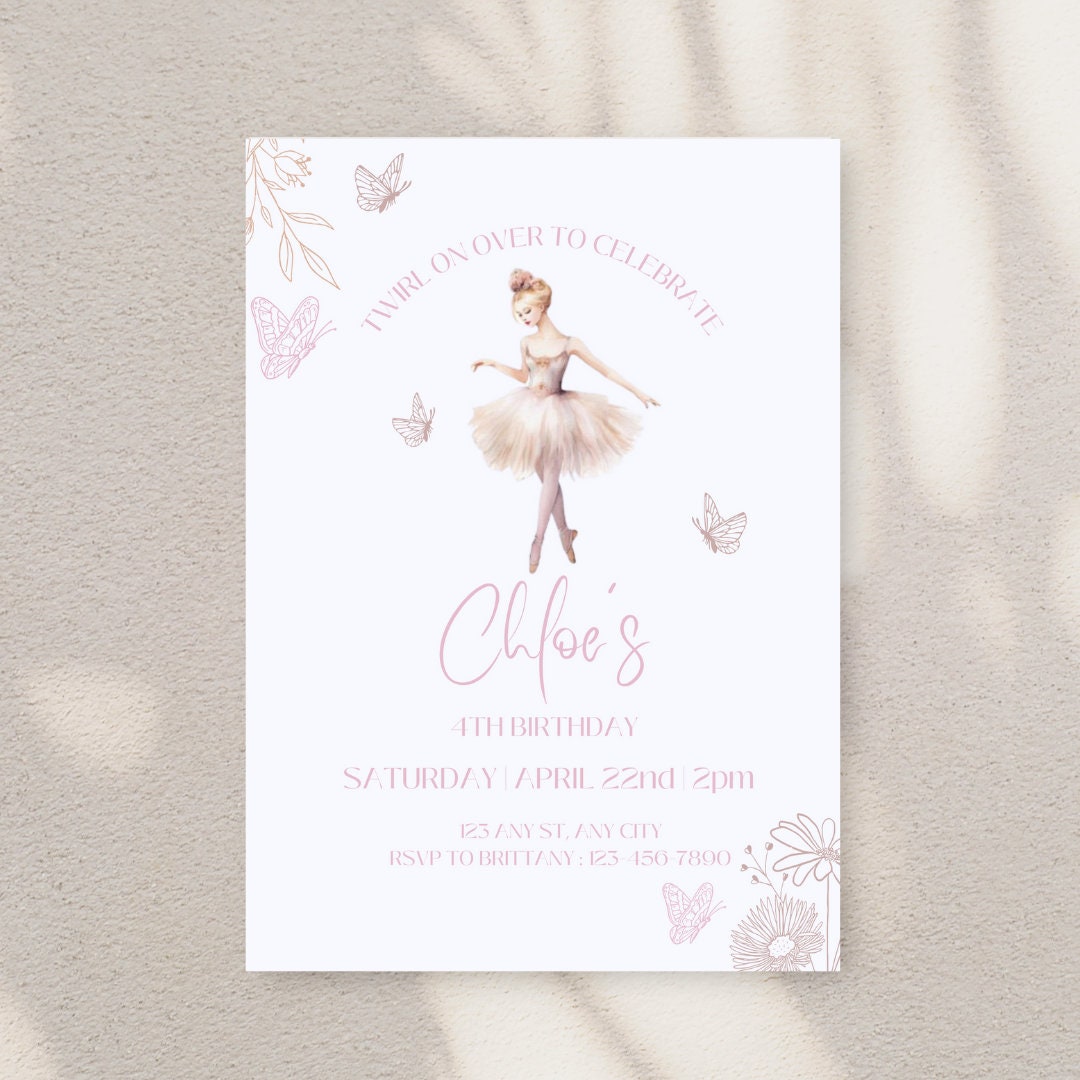 Ballet Themed Birthday Invitation Template With Ballerina Dancer ...
