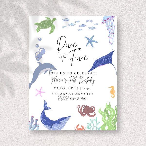 Dive into 5 - fifth birthday invitation template. Under the sea theme for kids.